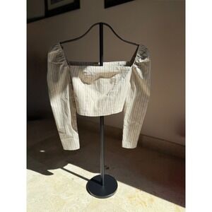 Urban Outfitters Pinstripe Square Neck Puff Sleeve Crop Top Beige Small